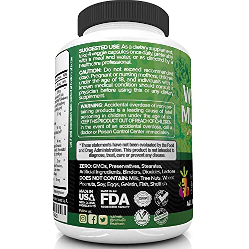 Nutrivein Whole Food Multivitamin - Complete Daily Vitamins For Men And Women From Natural Whole Foods, Real Raw Veggies, Fruits, Vitamin E, A, B Complex - 30 Day Supply (120 Capsules, Four Daily) #TOP5