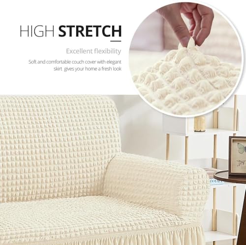 Image of Bails Sofa Cover 2 Seater Fully Covered | Sofa Cover 3 Seater Fully Covered | Sofa Cover 2 Seater | Universal Elastic Bubble Fabric with Frill Sofa Protector Cover (Beige, 2 Seater)