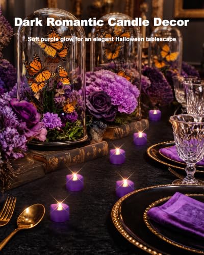 Image of Homemory 24-Pack Purple Remote Flameless Battery Tea Light Candles 400+ Hrs | 2 /4 /6 /8H Timer LED Flickering Tealight Votives for Party Ambience, Halloween Decor, Memorials and Lavender Weddings