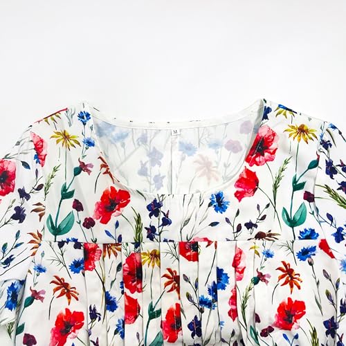 Image of Size M Summer Dresses for Women Casual Short Sleeve Knee Length T-Shirt Dress Swing Flowy Loose Fit A Line Boho Midi Dress with Pockets Floral 01 White