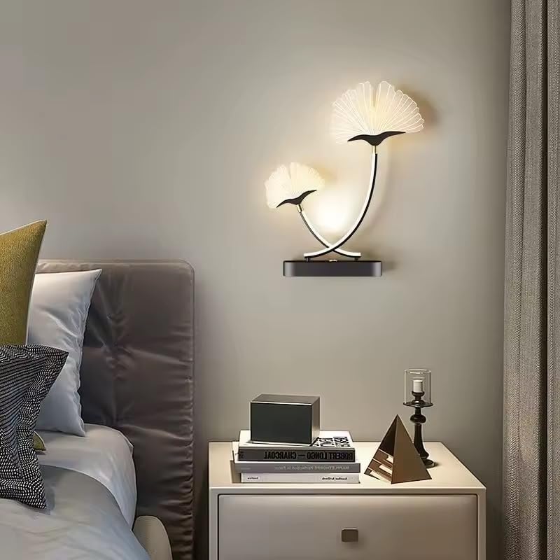 Image of Modern LED Wall Sconce Light, Dual Ginkgo-Stem Leaf Design, Metal Base with Three Colour Illumination (Warm White, Natural White, Cool White), Indoor Decorative Lighting, Black