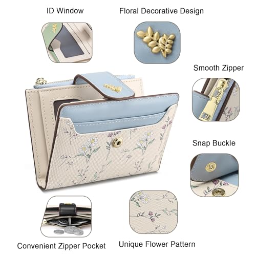 Image of Small Wallets for Women Leather Bifold Zipper Pocket Wallet Cute Flower Credit Card Holder Coin Purse with ID Window