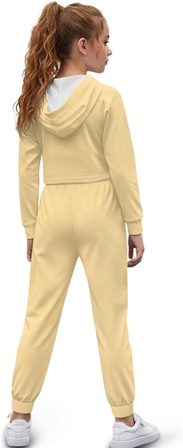 Long Sleeve Crop Top Hoodie and Pants Set Girls 4-13Y Kids Comfy Sportswear