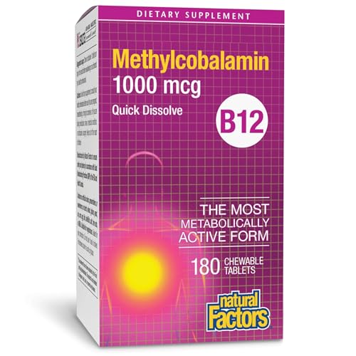 Natural Factors Methylcobalamin 1,000 mcg - Vitamin B12 Supplement in Metabolically Active Form - Supplement Supports Cll Formation & Energy Production - 180 Chewable Tablets (180 Servings)