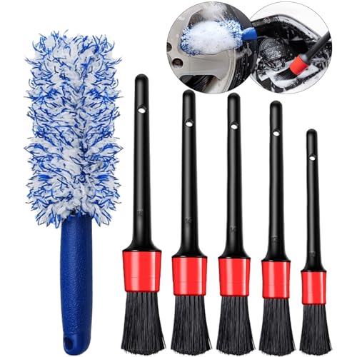 Jicyor Kit de limpieza de 6 piezas, cepillo de limpieza de coche, cepillo de rueda de coche y cepillo de detalles de coche (juego de 5), cepillo de detalles automotrices y cepillo de limpieza de