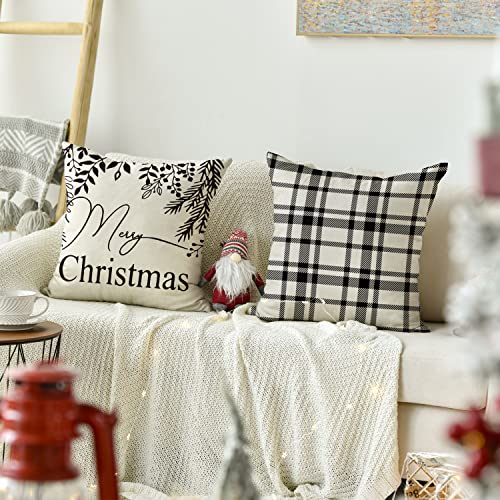 Avoin Colorlife Merry Christmas Hello Winter Buffalo Plaid Snowflake Throw Pillow Cover, 18 X 18 Inch Winter Holiday Cushion Case Decoration For Sofa Couch Set Of 4 #TOP3