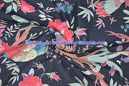 Image of Indian Hand-Block Printed Jaipuri Print Tropical Paisley Floral Ethnic Sanganer Kurti Print Cotton Fabric (Black Bird, 3 Yards)