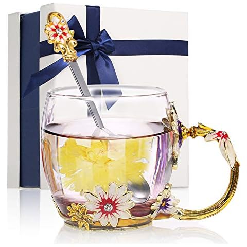 Decdeal Enamel Glass Mug, Flower Tea Cup Lead-Free Coffee Mug with Spoon&Cleaning Cloth&Gift Box,Gifts for Mum,Wife,Girl,Teacher on Birthday,Valentine's Day,Mother's Day,Wedding Anniversary,Christmas Cover