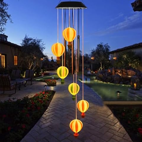 Kaixoxin Solar Wind Chime Outdoor 6 LED Hot Air Balloon Wind Chime Lights for Outside Hanging Lights Warm-White LED Lights Decor,Gifts for Wife Mother Grandmom Kids Friends Great (Hot Air Balloon) Cover