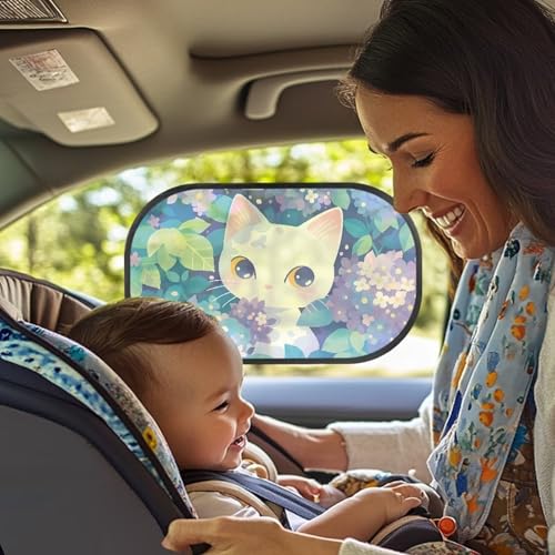 Qiyupavto 2-Piece Cartoon White Cat Car Rear Window Sun Shades for Baby Kids, Foldable Back and Side Window Sunshades, Portable Sun Blocker Mesh Cover, Automotive Interior Accessories