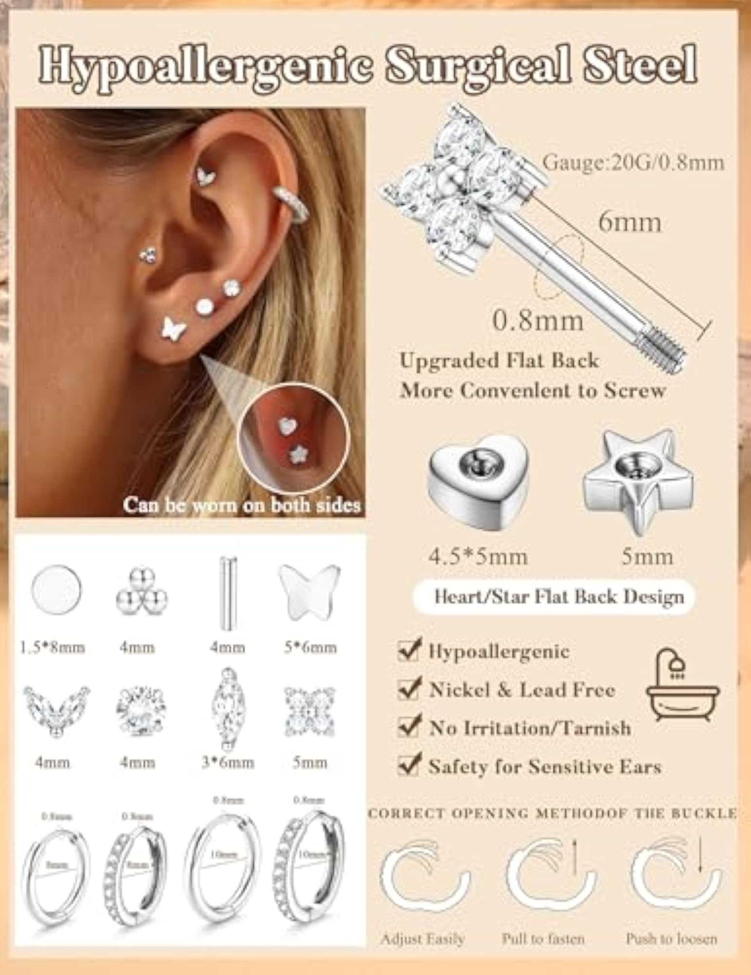 12 Pairs Hypoallergenic Gold Surgical Steel Earrings Set