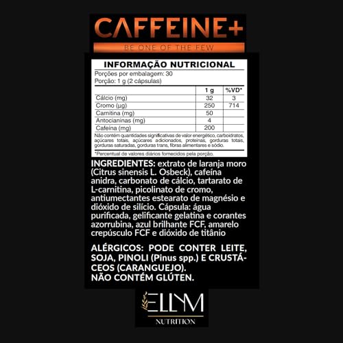 Caffeine+ 60 Cápsulas Termogênico ELLYM NUTRITION Cafeína Laranja Moro L-Carnitina Guaraná Cromo