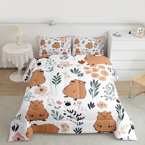Image of Feelyou Capybara Bedding Set Queen Size, Cute Capybara Comforter Set for Kids, Toddler, 3 Pieces, Multicolor, Microfiber, Modern Animal Theme