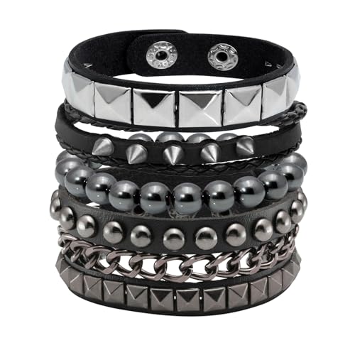 Eigso 4 Pcs Punk Leather Rock Studded Bracelets for Men Women Retro Classic Spiked Metal Cuff Bracelet Set for Man Woman2