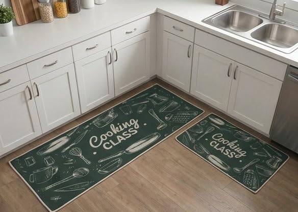 Image of HomeCloud Kitchen Rectangular Mat: Premium Anti-Slip, Soft, Washable, Designer Printed Mat for Floors, Kitchens, and Rooms - (6mm Thick, 41x122 cm and 41x61cm) (Cooking Time Green)