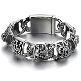 COOLSTEELANDBEYOND Heavy and Study Mens Stainless Steel Biker Skull Bracelet Silver Black Two-tone Polished