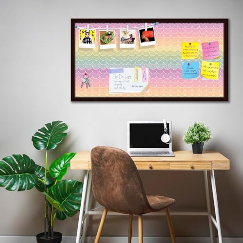 Image of ArtzFolio Wavey | Bulletin Board Notice Pin Board | Vision Soft Board Combo with Thumb Push Pins & Sticky Notes | Dark Brown Frame | 24 x 12 inch (61 x 30 cms)