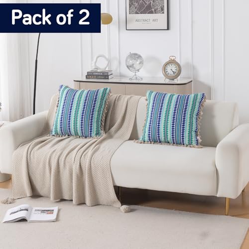 Image of HOKIPO 'Artisan Boho Series' Sofa Cushion Covers | 450 GSM Cotton Acrylic Jacquard | Tassel Design | 22x22 Inch (55x55 cm) | Pack of 2, Royal Blue (IN-906-A2*2)