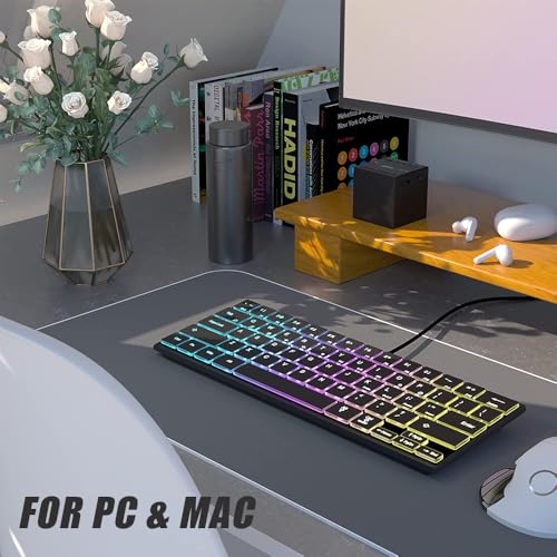Image of abucow Backlit Mini Keyboard USB Wired Portable Mute Ultra-Compact Small Gaming Keyboard 64 Keys for PC /Mac Gamer Typist Travel Easy to Carry on Business Trip (Style 3)