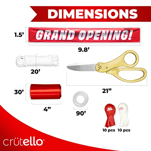 Crutello Deluxe Giant Ribbon Cutting Ceremony Kit 21" Giant Scissor Set, Sharp, Gold Handled Xl Scissors, 30Ft Of 4" Wide Red Ribbon, 10Ft Banner, 10 Red & 10 White Balloons, Banner Rope, Balloon Rope #TOP2