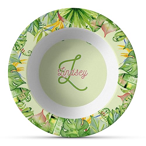 Personalized Tropical Leaves Border Plastic Bowl - Microwave Safe - Composite Polymer