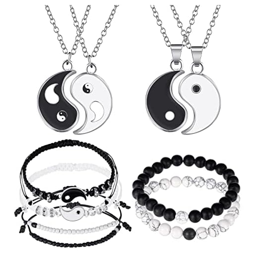 10 Pieces Matching Yin Yang Friend Couple Bracelets with Necklace Set, Adjustable Cord Bracelets Handmade Braided Bracelets, Matching Puzzle Diagrams Pendant Necklace, His and Hers Bracelet