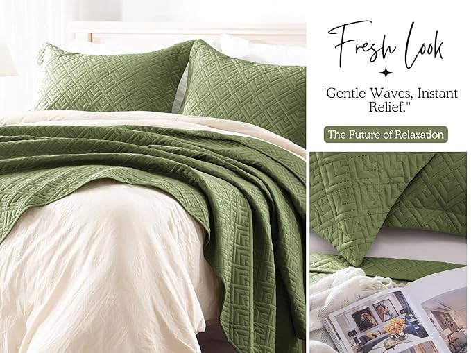 Image of BSB HOME 100% Cotton Ultrasonic Quilted Bedspread Set - 280 Thread Count, Stitch-Free Soft Lightweight Coverlet, King Size 90x100 Inches, Bed Cover with 2 Pillow Cases (Green)