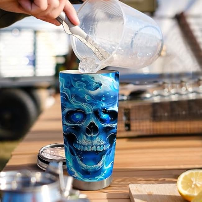 1pc 20oz Ethereal Blue Flame Skull Tumbler with lid, Stainless Steel Vacuum Insulated Double Wall Travel Cup for Men Women, Mother Day, and birthday gifts
