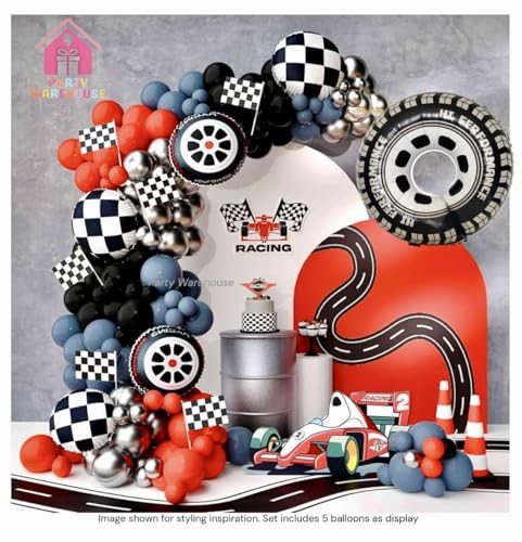 Image of Party Warehouse Racing Car Balloon Set for Birthday - 5 Pieces | Race Car Theme Foil Balloons for Race Lovers | Tyre & Checkered Flag Balloons for Kids /Adults Party Decorations (Tyres Set)