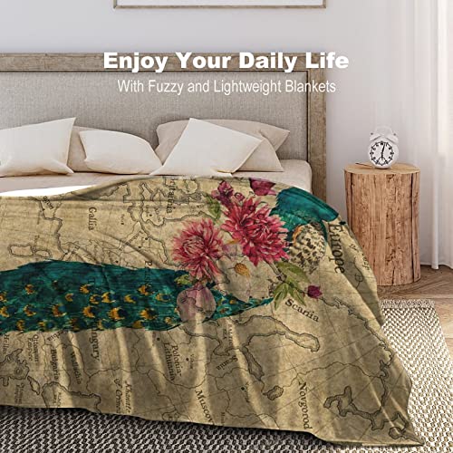 Couverture vintage paon à fleurs et feuilles vertes lit plaid