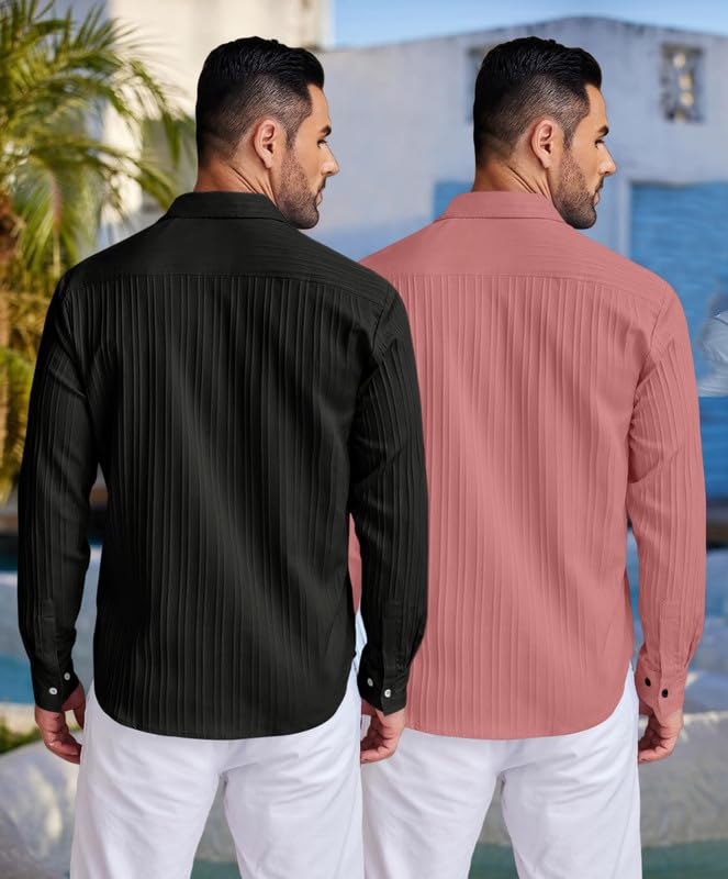 Image of FINIVO FASHION Men's Cotton Blend Shirt Set Lightweight, Full Sleeves, Plain Texture, Button Closure, Summer Ready (Pack of 2)