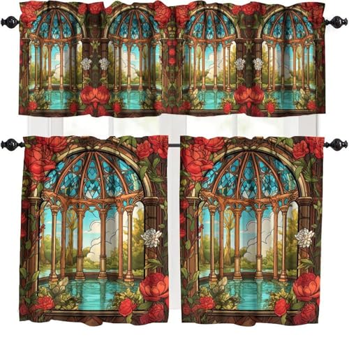 KANEPE Abstract Stained Glass Kitchen Valances Curtain Colorful Scene Red Rose Window Treatment Valances Short Curtains Rod Pocket Drape for Dining Room Home Bedroom Decor, 54x18 in + 27x24 in X 2
