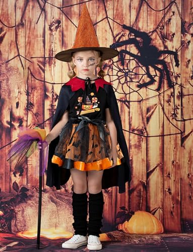 Image of Happy Cherry Toddler Girls Witch Tutu Skirt Set with Hat & Broomstick 3 Pcs Dress Up Halloween Outfits 3-8Y