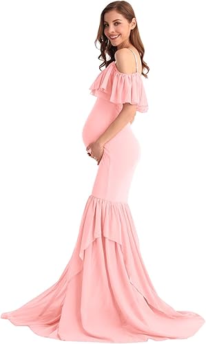 Miniatura 34 de MYRISAM Vestido de maternidad con volantes y hombros descubiertos para mujer, vestido de fiesta de sirena de gasa, vestido ajustado Verde