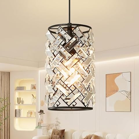 Biewalk Black Pendant Light Fixtures Modern Black Pendant Lighting Crystal Chandeliers Adjustable Pendant Light Fixture for Kitchen Island Dinning Room Corridor Bedroom (Black 1 Pack) Cover