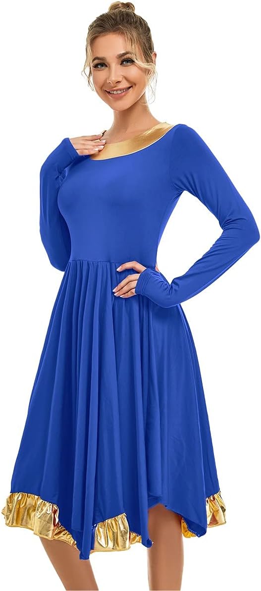 MYRISAM Women Asymmetric Praise Dance Robe Adult Long Sleeve Gold Metallic Ruffle Celebration Dress Irregular Worship Costume