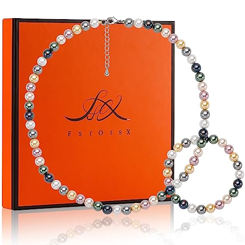 Collar de cadena de perlas de 8mm y pulsera con cierre de seguridad