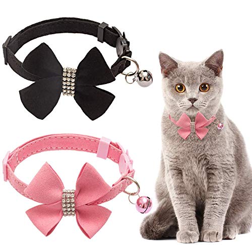 Cat Collar Breakaway with Bell Bowtie, Adjustable Safety Buckle,Velvet Rhinestone Diamond, 2 Pack, Pink&Black