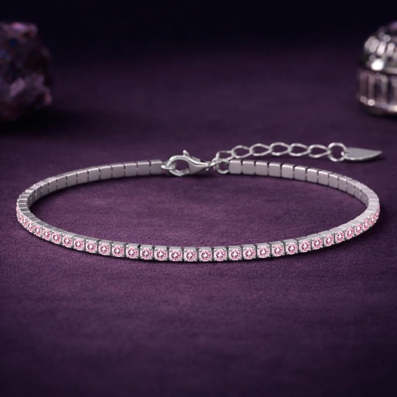 Image of Clara 925 Sterling Silver Slim Tennis 2mm Bracelet Gift for Women Girls | Multiple Color Options | Size Adjustable | Platinum Plated | Swiss Zirconia