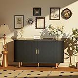 DHH Sideboard Buffet Cabinet with Storage Fluted with Tambour Sliding Doors& Adjustable Shelf, Accent Coffee Bar Console Table for Kitchen, Living Room, Entryway (Black, 55 inch)