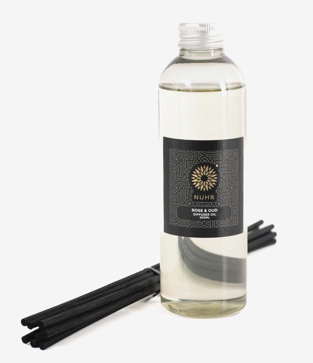 NUHR Home Oud Duftöl für Reed Diffusor Luxus Rose und Oud Raum Diffusor Öl Nachfüllung mit Rattan Schilfrohr Diffusor Sticks Premium Duftöl für Diffusor 200ml