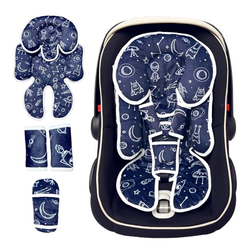 Image of Infant Car Seat Insert, 2 in 1 Carseat Head Neck Pillow for Newborn, Baby Carriage Pad with Strap Covers, Universal Seat Pad for Carseats, Stroller, Swings, Bouncer, Planet (Navy Blue)