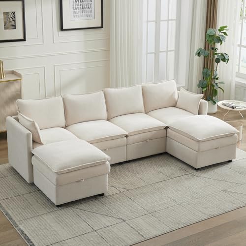 105" Cloud 4 Seater Sectional Modular Couch with 2 Storage Ottoman, Upholstered Storage Sofa Modern Couch Deep Seat, Chenille U Shape Sofa Comfy Couches with Armrests for Living Room, Beige