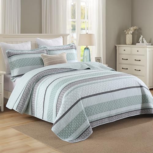 Image of Homzard King Size Quilt,Cotton King Size Comforter Set,Mint Green Grey Bedding Set,Striped Bedspread,Lightweight Summer Comforter Sets 3 Piece