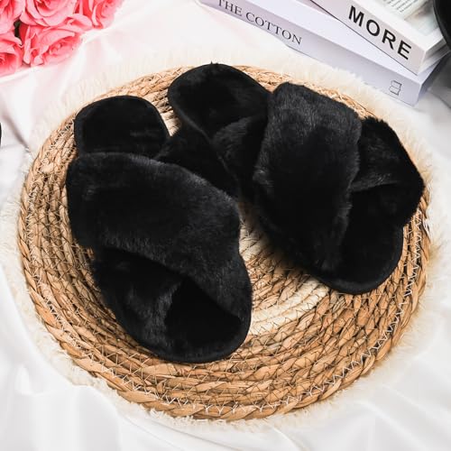Image of VAIPI 6 Pairs Womens Cross Band Slippers Fuzzy Plush House Bridesmaid Slipper White | Black | Pink Open Toe Fluffy Slipper Soft Warm Bridal Slippers