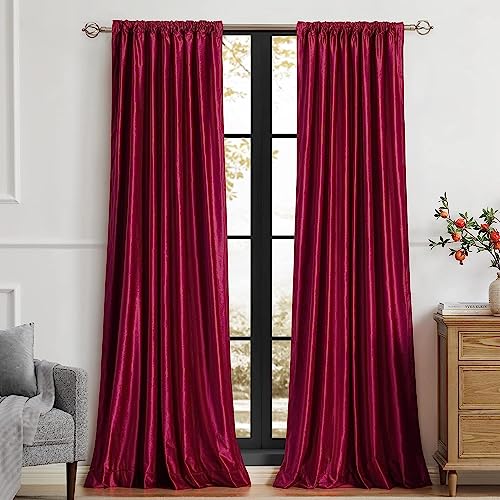 Image of PRIMROSE Red Curtains 90 inch for Living Room Velvet Drapes Blackout Rod Pocket Back Tab Window Treatment Semi Room Darkening Decor Curtains for Bedroom Set of 2 Panels