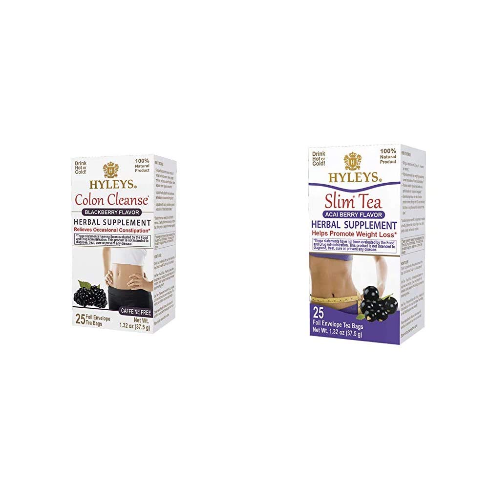 Hyleys Weight Supplements Tea Bundle - Slim Tea & Colon Cleanse - 50 Tea Bags Total (2 Pack)