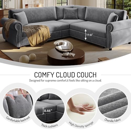 Image of KCGKCG 88.2 inch Chenille Sleeper Sofa Bed, Sectional Couches for Living Room /Apartment, L Shaped Couch with Pull Out Couch Bed, Convertible Sectional Sofa with Rolled Arm & Nailhead Trim, Light Grey