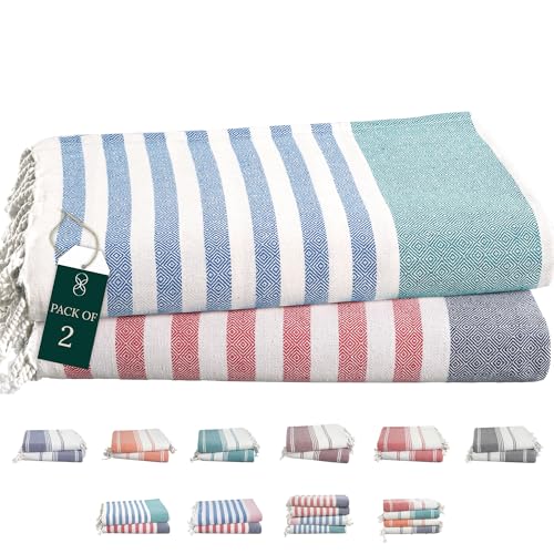 Cloud Scape Linen Turkish Beach Towel Set of 2 99x180 cm Oversized Lightweight Cotton Towel for Beach and Pool Soft Quick Dry and Super Absorbent Hammam Towel Stripe 2