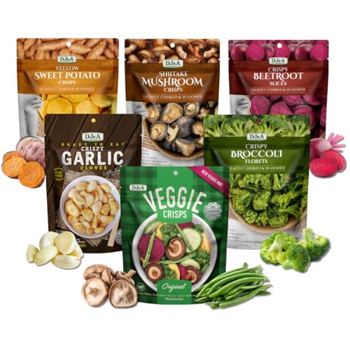 DJ&A Freeze Dried Vegetables Crisps Assorted Pack of 6 Mushroom Crisps Broccoli Garlic Sweet Potato & Beetroot Crisps| All Natural Vegan Savoury Snacks | 30% Less Fat | by TGBK